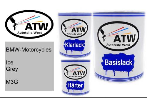 BMW-Motorcycles, Ice Grey, M3G: 1L Lackdose + 1L Klarlack + 500ml Härter - Set, von ATW Autoteile West.